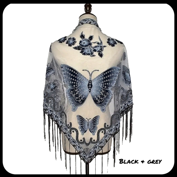Lace Tassel Butterfly Print Shawl Triangular Scarf, Windproof cover up scarf new - Picture 5 of 10